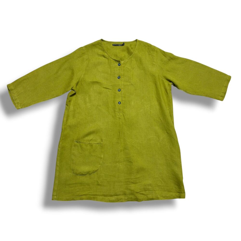 Gudrun Sjoden 100% Linen Tunic Top Pea Green Boho Lagenlook Pocket Sz L
